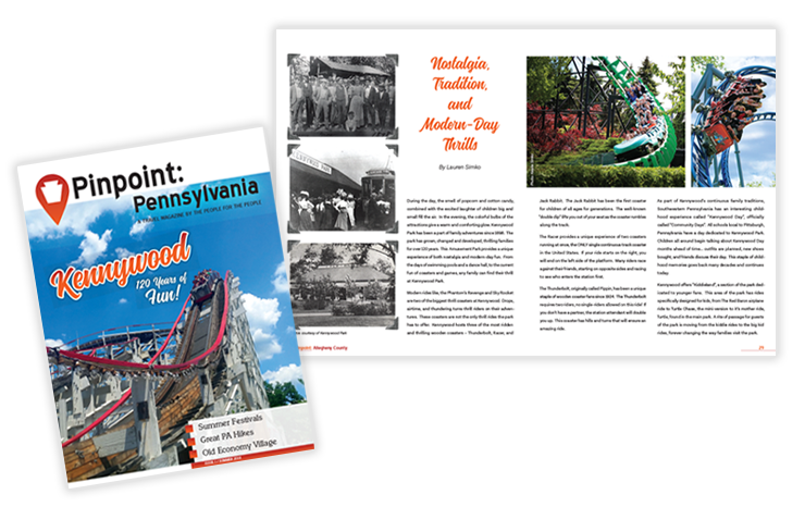 Pinpoint Pennsylvania Issue 1 Summer 2018 – magazine design and production showing cover and spread with travel features and editorial layout