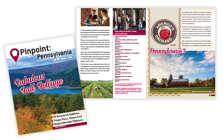 Pinpoint Pennsylvania Issue 2 Autumn 2018 – editorial magazine design with cover and spread featuring fall travel and culture