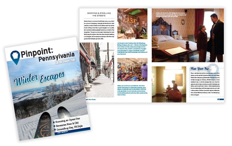 Pinpoint Pennsylvania Issue 3 Winter 2018 – magazine design showing cover and inside spread with editorial layout and bold photography