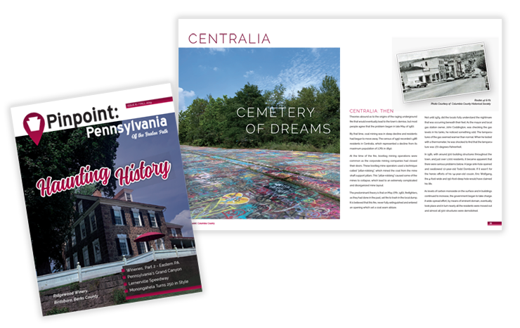 Pinpoint Pennsylvania Issue 6 Autumn 2019 – publication design showing cover and spread with editorial layout and seasonal features