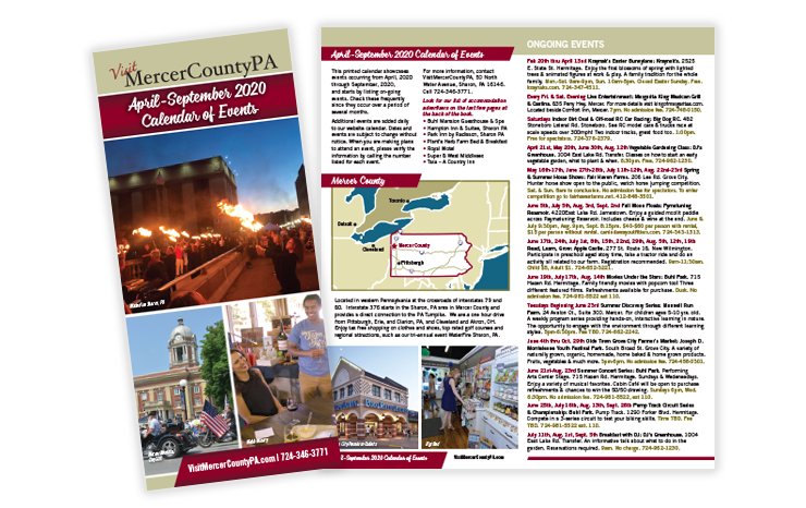 Visit Mercer County PA Calendar of Events – seasonal brochure design 2014–2020 with clear layouts and event listing design
