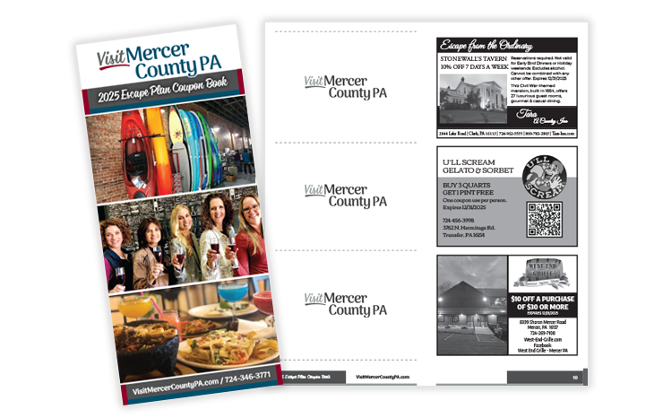 Visit Mercer County PA Coupon Book – annual publication design 2015–2025 with booklet layouts, coupon design, and rebranding transition
