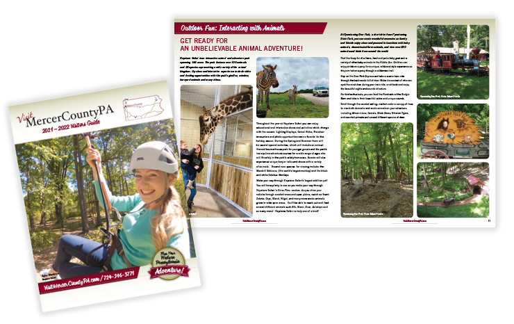 Visit Mercer County PA Visitors Guide 2021–2022 – magazine layout with cover and interior spread featuring tourism design and editorial structure