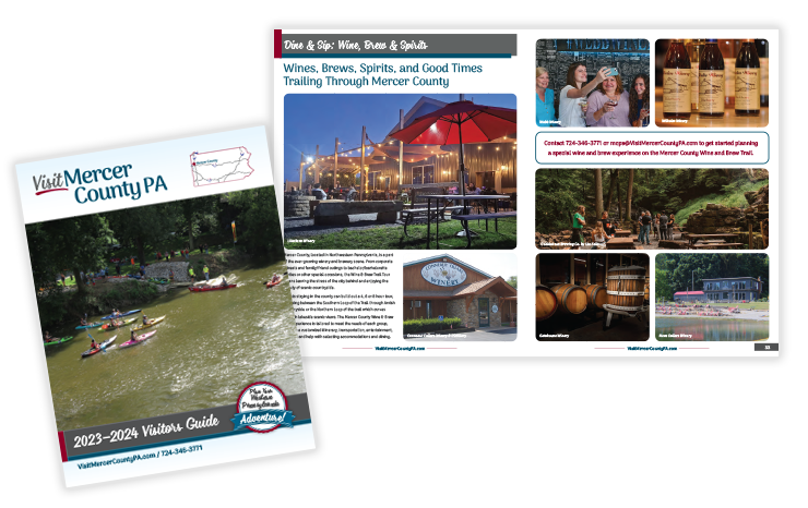 Visit Mercer County PA Visitors Guide 2023–2024 – cover and inside spread showing editorial design, tourism branding, and publication layout