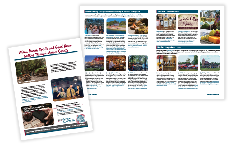 Visit Mercer County PA Wine Brew Spirits Trail Guide – 2015–2025 publication design showing booklet and map design through branding transition
