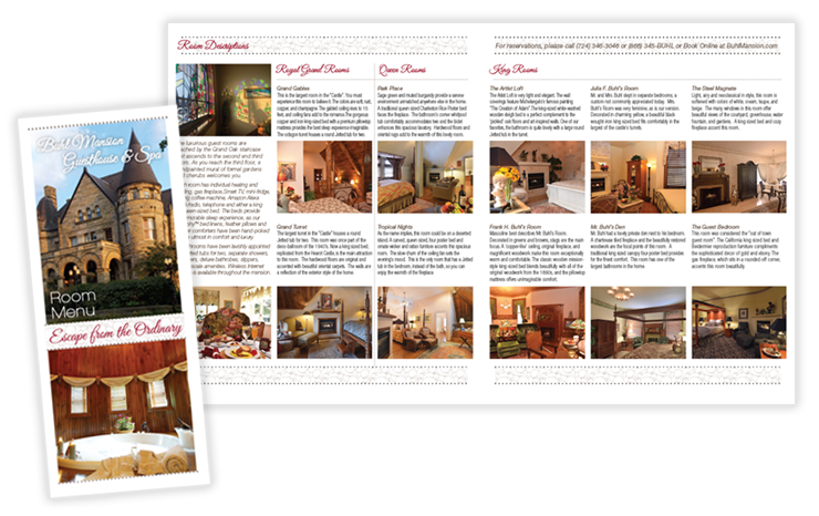 Buhl Mansion Rooms Menu 2023 – fold-out brochure design showing guest rooms, rates, and packages in a luxury inn marketing piece