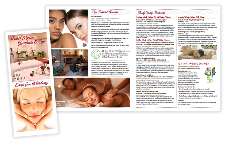 Buhl Mansion Spa Menu 2024 – fold-out brochure design with luxury spa services, packages, and elegant branding