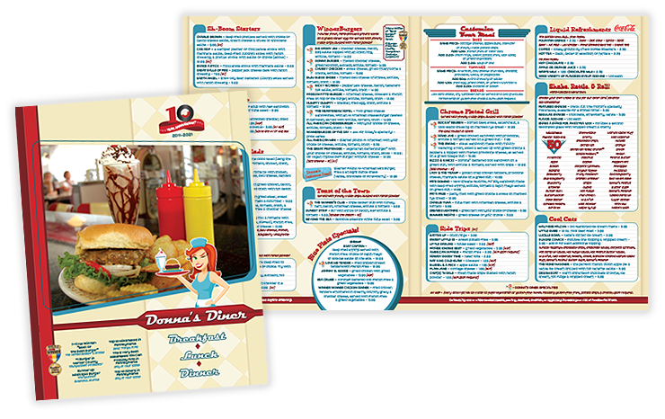 Donna’s Diner menu design and branding – full-service design from 2011 to 2025 including logos, menus, signage, ads, and website