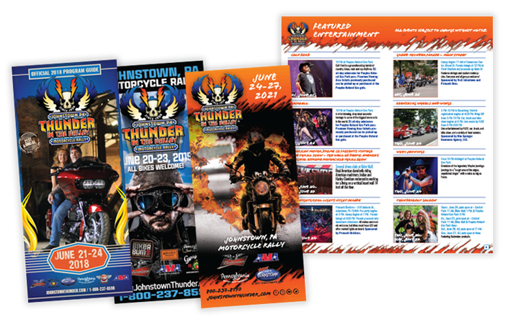 Thunder in the Valley event program design – 2018, 2019, 2021 editions with schedules, maps, advertising layouts, and event branding