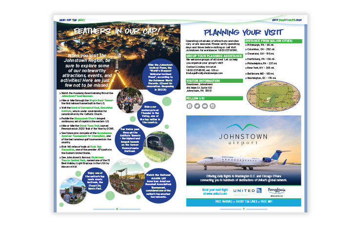 Visit Johnstown Cambria County Visitors Guide 2022 – interior publication design with editorial layout, photography, and advertising integration