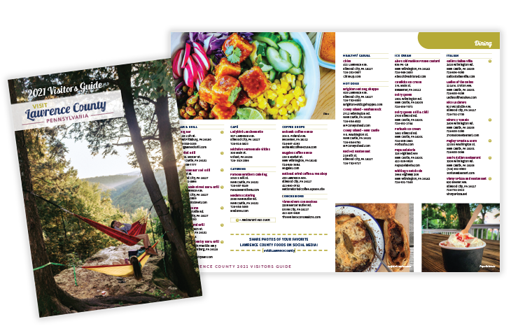 2021 Visit Lawrence County Visitors Guide cover and inside spread with seasonal design, bold imagery, and clear layout