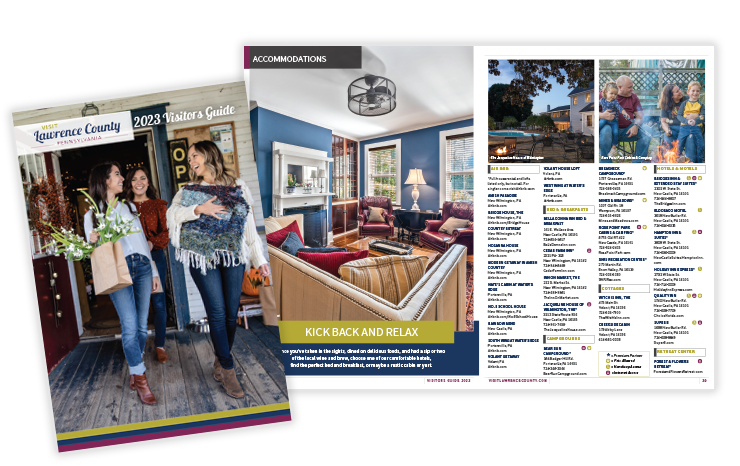 2023 Visit Lawrence County Visitors Guide cover and spread with strong typography, grid design, and bold photography