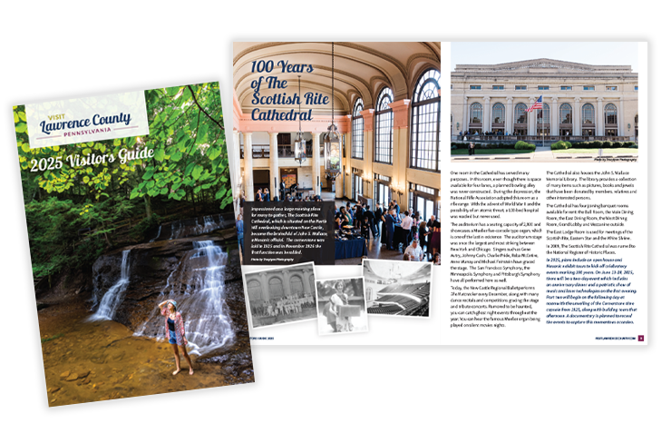 2025 Visit Lawrence County Visitors Guide cover and spread showing heritage-inspired design, bold photography, and structured editorial layout