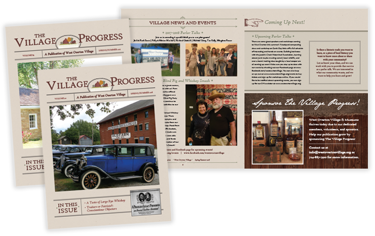 West Overton Village Newsletter – magazine-style publication design with historical articles, community updates, and professional layouts